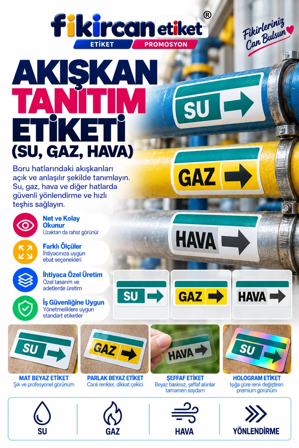 Akışkan Tanıtım (Su, Gaz, Hava) Etiketi