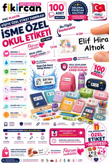 İsme Özel Okul Etiketi - 100 Adet - 1.5 x 4 cm - PVC Etiket - FİGÜR 8
