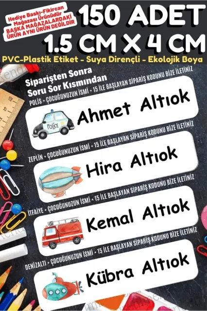 -isme Özel Okul Etiket Seti Sevimli Taşıtlar - 150 Adet - Ekolojik Mürekkep Pvc Etiket
