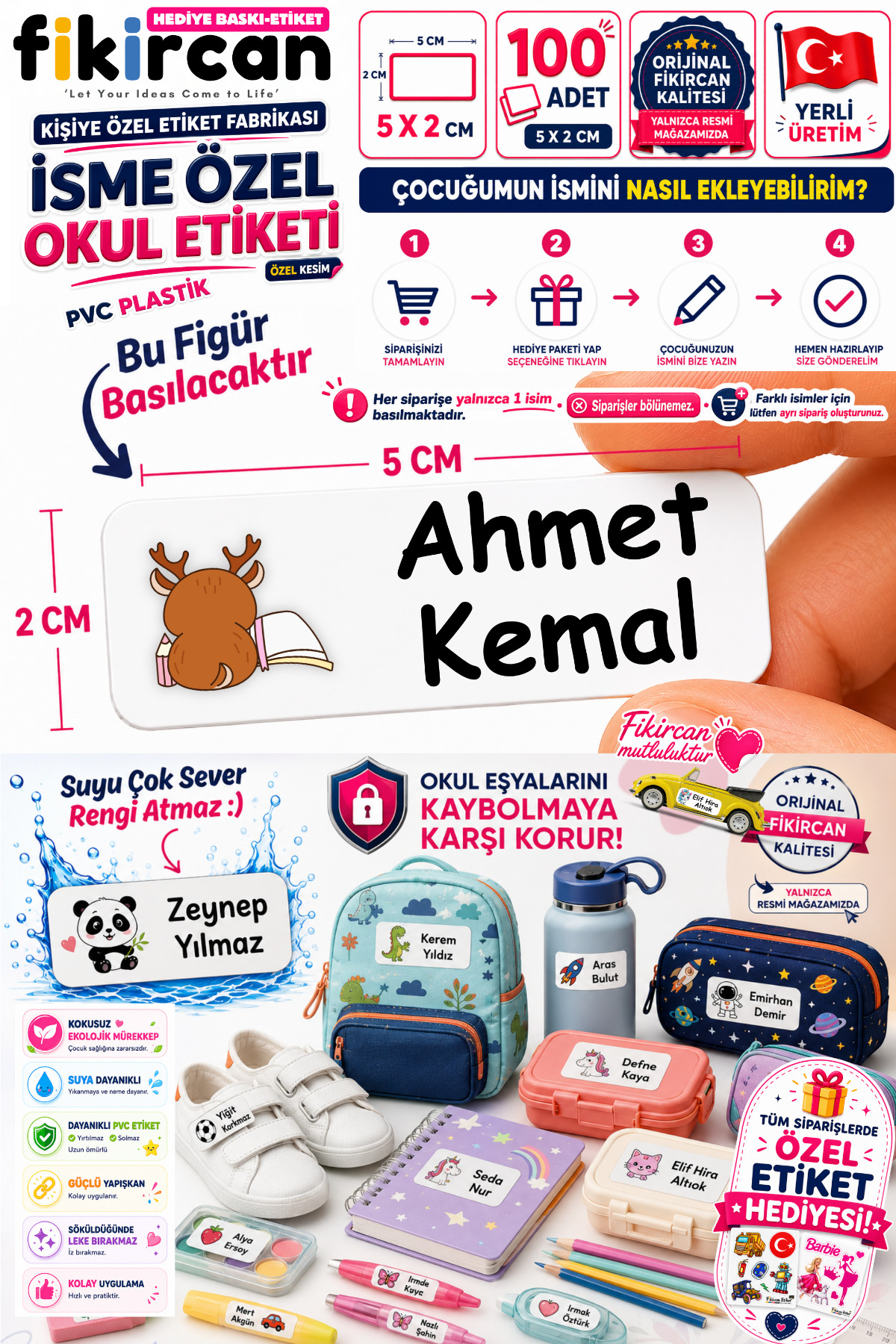 Isme Ozel Okul Etiketi - 100 Adet - 5 x 2 cm - PVC Etiket - FİGÜR 91