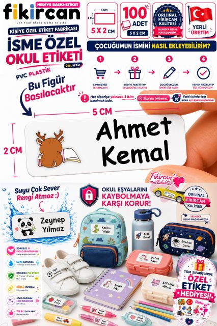 Isme Ozel Okul Etiketi - 100 Adet - 5 x 2 cm - PVC Etiket - FİGÜR 91