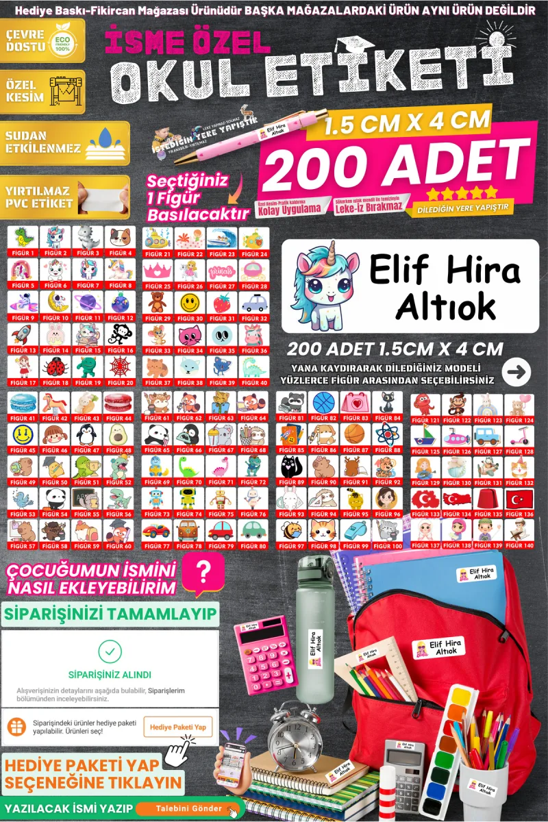 Fikircan-İsme Özel Okul Etiket Seti - 200 Adet - Kokusuz Ekolojik Mürekkep PVC ETİKET — fotoğraf 1