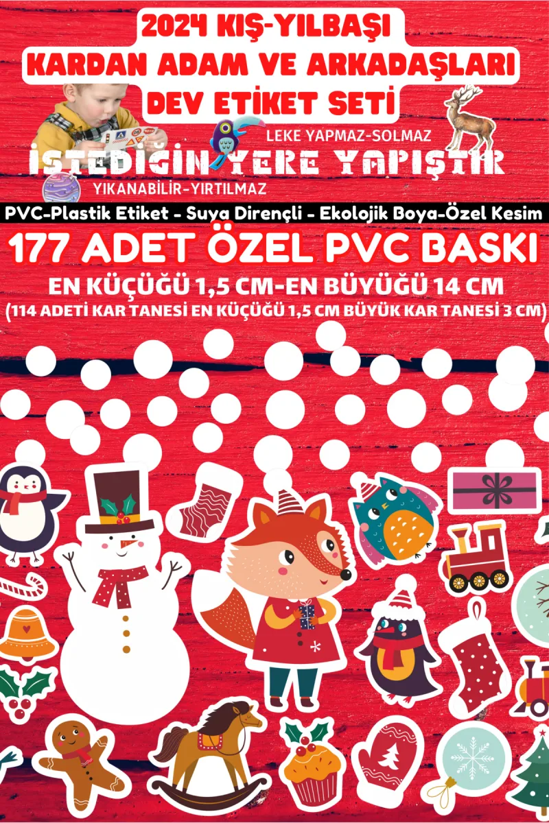 - KIŞ YILBAŞI KARDAN ADAM VE ARKADAŞLARI İLE KAR TANELERİ ETİKET SETİ 177 ADET — fotoğraf 1