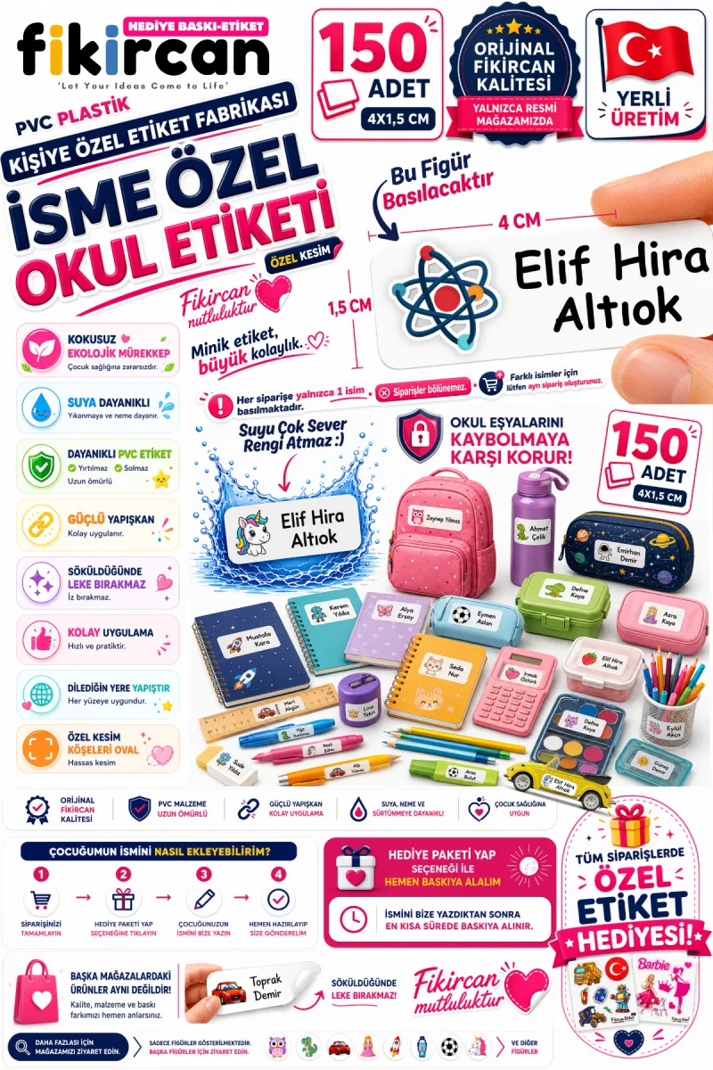 İsme Özel Okul Etiketi - 150 Adet - 1.5 x 4 cm - PVC Etiket - FİGÜR 88 — fotoğraf 1