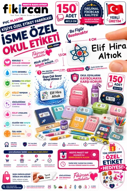 İsme Özel Okul Etiketi - 150 Adet - 1.5 x 4 cm - PVC Etiket - FİGÜR 88