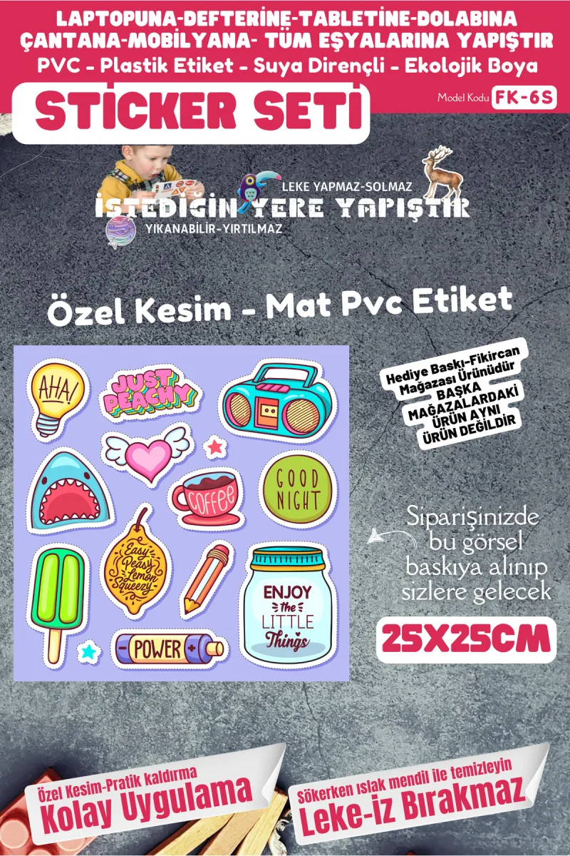 Fikircan Etiket Seti 25x25cm Pvc Sticker -Defter-Laptop-Tablet-Telefon-Dolap-Cam vb Her yere Yapışır — fotoğraf 1