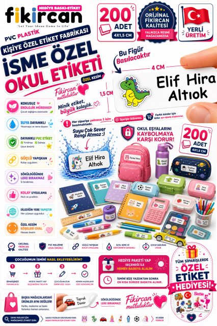 İsme Özel Okul Etiketi - 200 Adet - 1.5 x 4 cm - PVC Etiket - FİGÜR 1 1453260718276