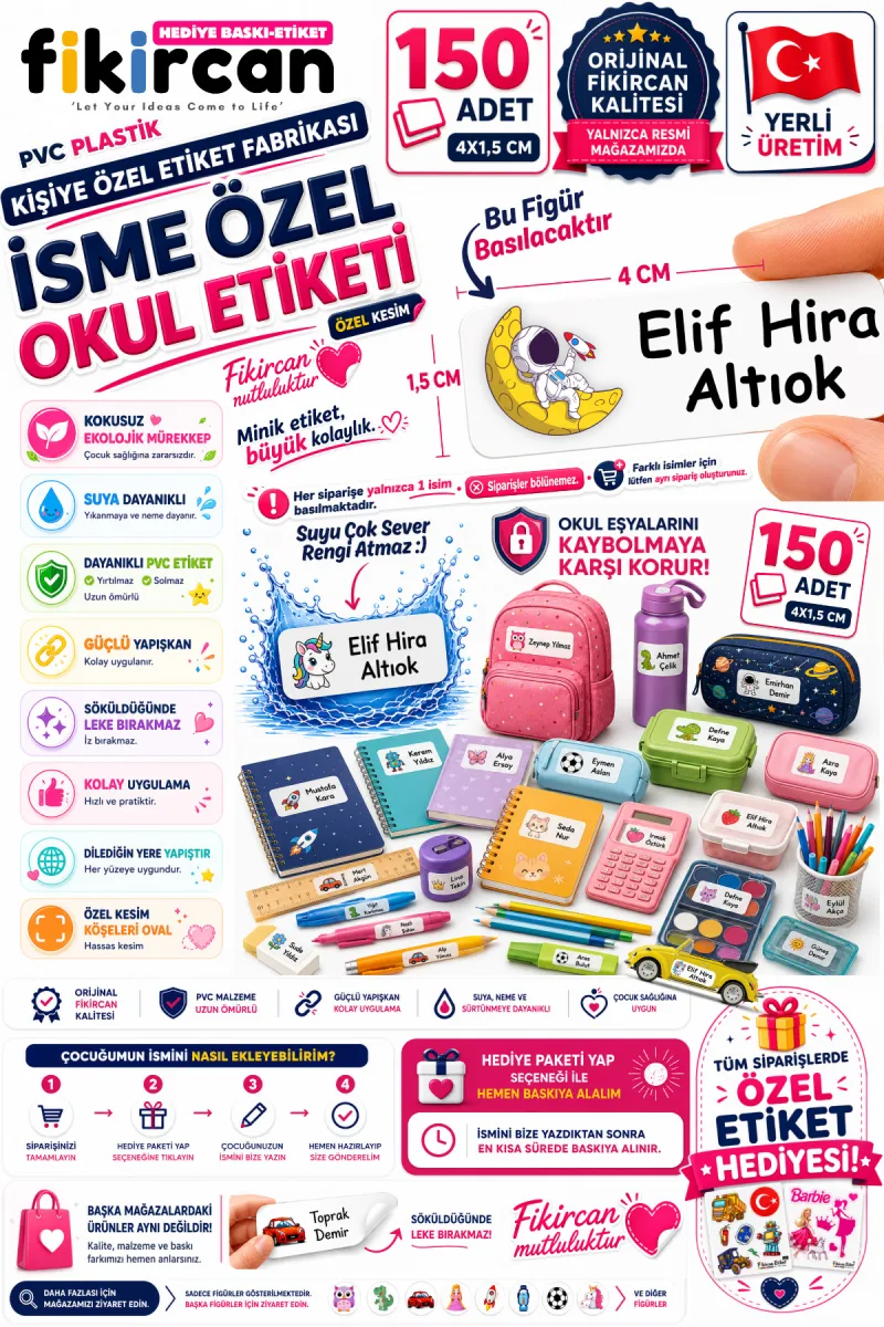 İsme Özel Okul Etiketi - 150 Adet - 1.5 x 4 cm - PVC Etiket - FİGÜR 10 — fotoğraf 1