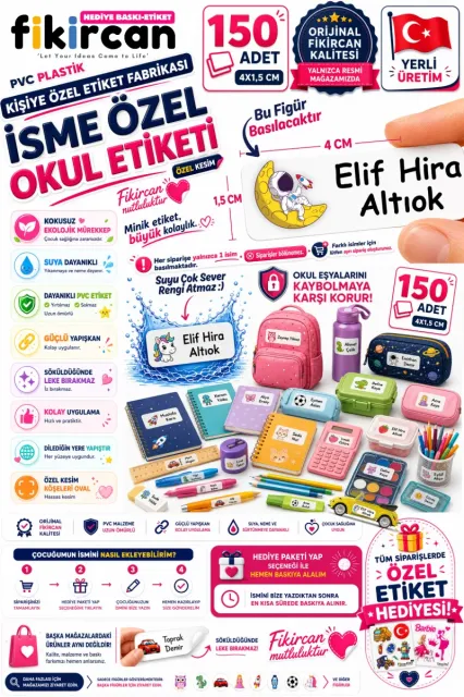 İsme Özel Okul Etiketi - 150 Adet - 1.5 x 4 cm - PVC Etiket - FİGÜR 10
