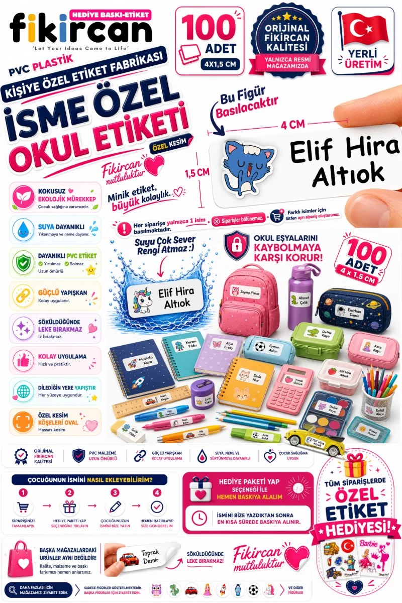 İsme Özel Okul Etiketi - 100 Adet - 1.5 x 4 cm - PVC Etiket - FİGÜR 39 — fotoğraf 1