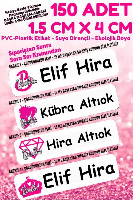 Fikircan- Barbie Figür İsme Özel Okul Etiket Seti - 150 Adet - Kokusuz Ekolojik Mürekkep PVC ETİKET
