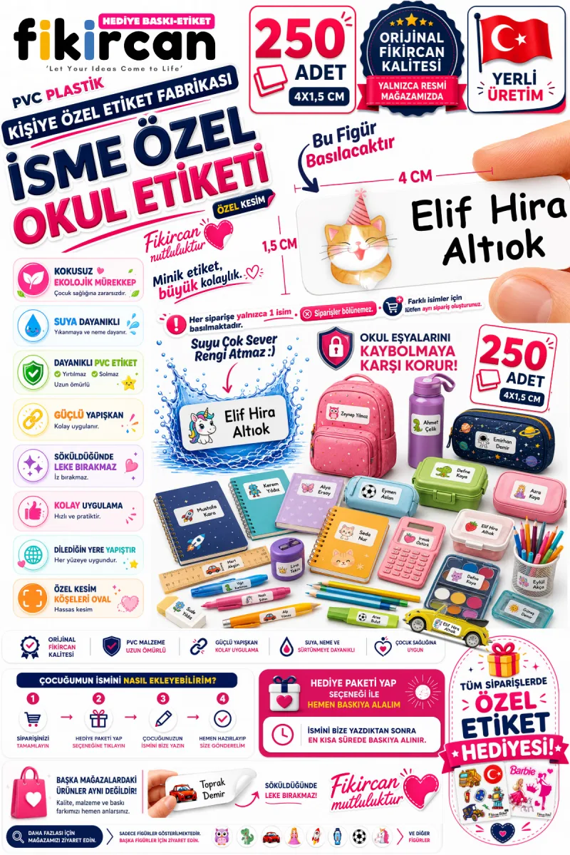 İsme Özel Okul Etiketi - 250 Adet - 1.5 x 4 cm - PVC Etiket - FİGÜR 132 — fotoğraf 1