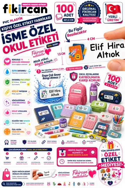 İsme Özel Okul Etiketi - 100 Adet - 1.5 x 4 cm - PVC Etiket - FİGÜR 85