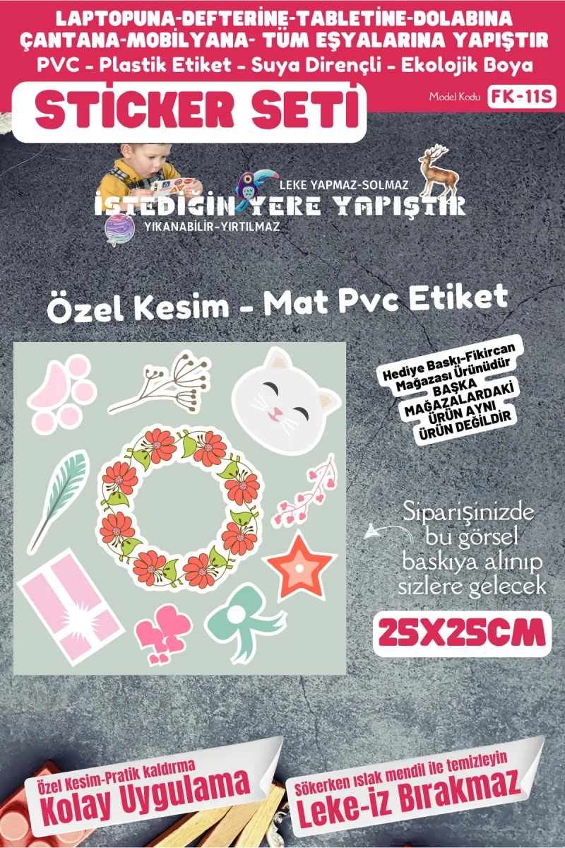 Fikircan Etiket Seti 25x25cm Pvc Sticker -Defter-Laptop-Tablet-Telefon-Dolap-Cam vb Her yere Yapışır — fotoğraf 1