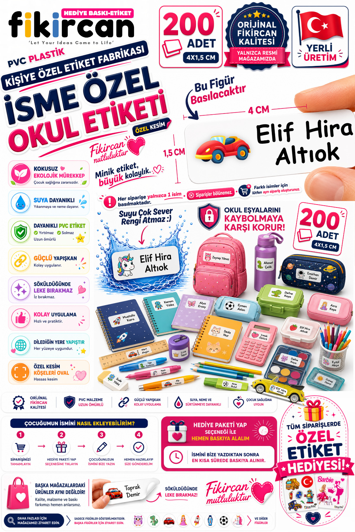 İsme Özel Okul Etiketi - 200 Adet - 1.5 x 4 cm - PVC Etiket - FİGÜR 77 1453260718234 — fotoğraf 1