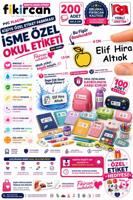 İsme Özel Okul Etiketi - 200 Adet - 1,5 x 4 cm - PVC Etiket - - FİGÜR 109
