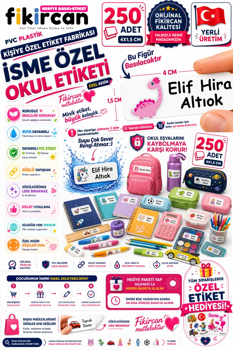 İsme Özel Okul Etiketi - 250 Adet - 1.5 x 4 cm - PVC Etiket - FİGÜR 71 — fotoğraf 1