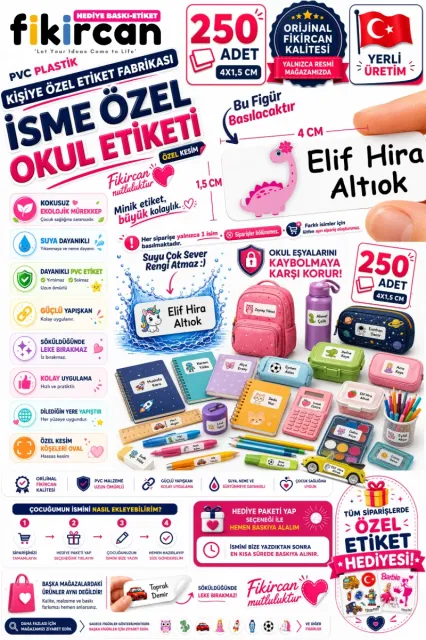İsme Özel Okul Etiketi - 250 Adet - 1.5 x 4 cm - PVC Etiket - FİGÜR 71