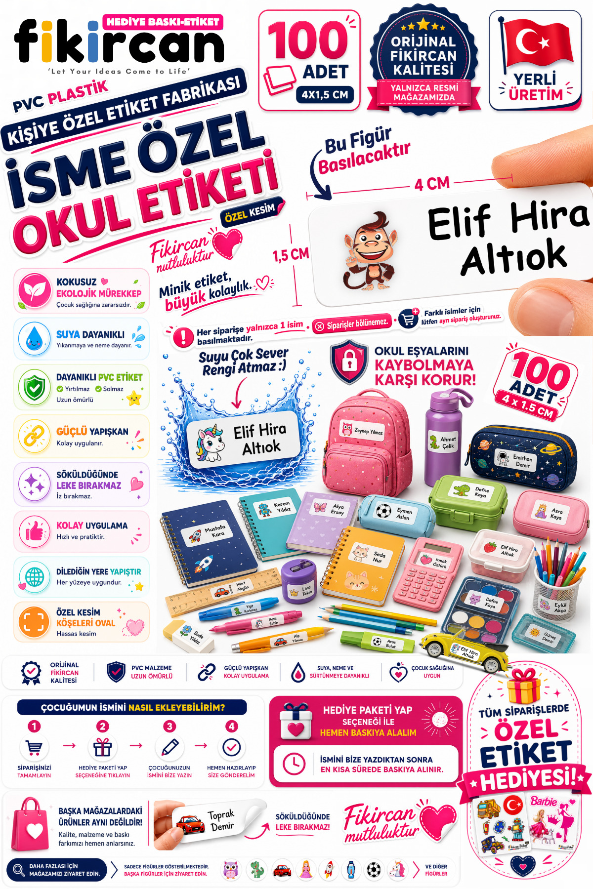 İsme Özel Okul Etiketi - 100 Adet - 1.5 x 4 cm - PVC Etiket - FİGÜR 122 — fotoğraf 1