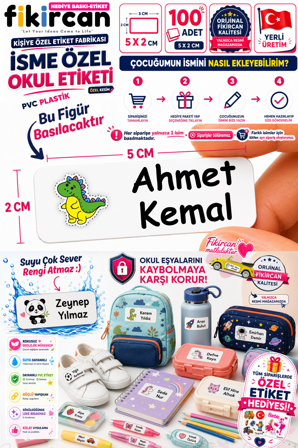 İsme Özel Okul Etiketi - 100 Adet - 5 x 2cm - PVC Etiket - FİGÜR 1 — fotoğraf 1