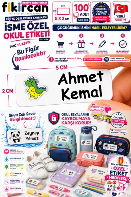 İsme Özel Okul Etiketi - 100 Adet - 5 x 2cm - PVC Etiket - FİGÜR 1