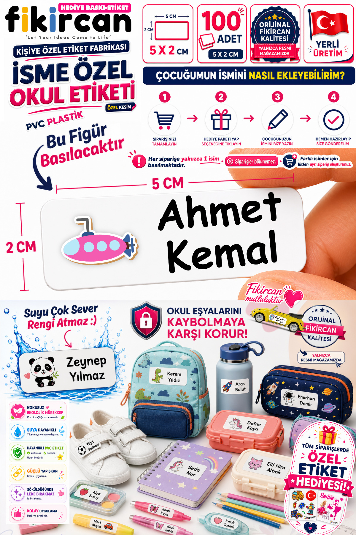 İsme Özel Okul Etiketi - 100 Adet - 5 x 2 cm - PVC Etiket - FİGÜR 126 — fotoğraf 1