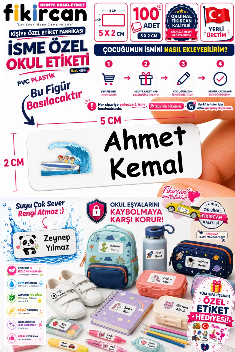İsme Özel Okul Etiketi - 100 Adet - 5 x 2 cm - PVC Etiket - FİGÜR 23 — fotoğraf 1