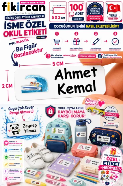 İsme Özel Okul Etiketi - 100 Adet - 5 x 2 cm - PVC Etiket - FİGÜR 23