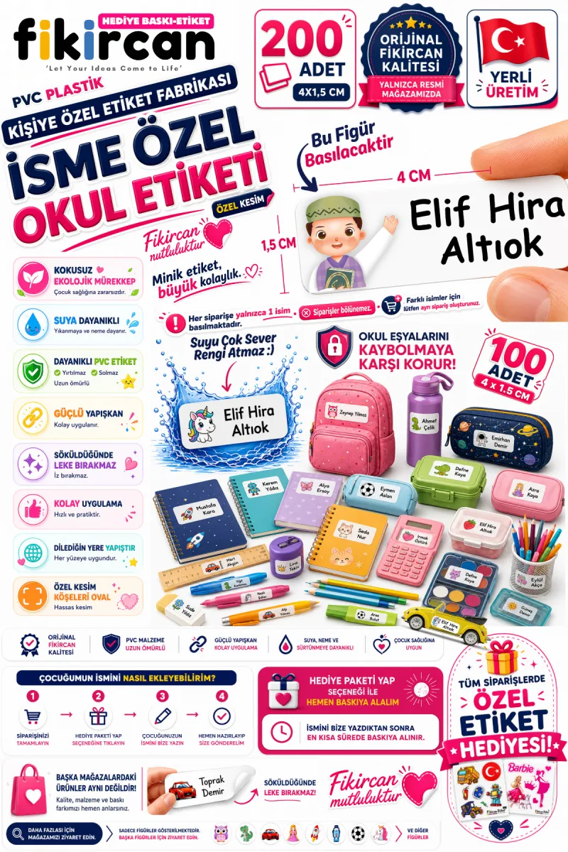 İsme Özel Okul Etiketi - 200 Adet - 1,5 x 4 cm - PVC Etiket - - FİGÜR 139 — fotoğraf 1