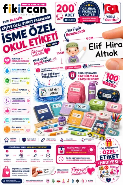 İsme Özel Okul Etiketi - 200 Adet - 1,5 x 4 cm - PVC Etiket - - FİGÜR 139