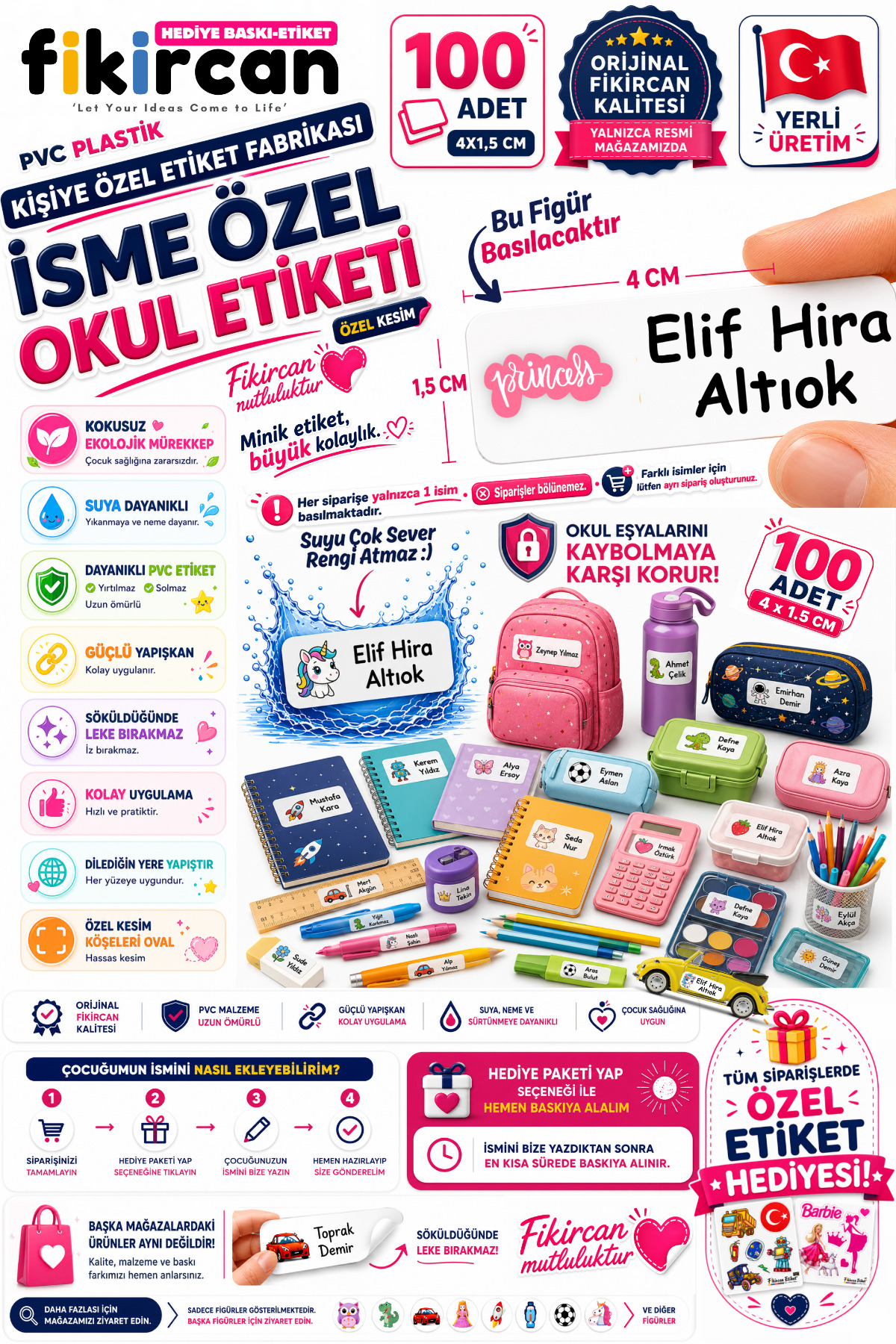 İsme Özel Okul Etiketi - 100 Adet - 1.5 x 4 cm - PVC Etiket - FİGÜR 27 — fotoğraf 1