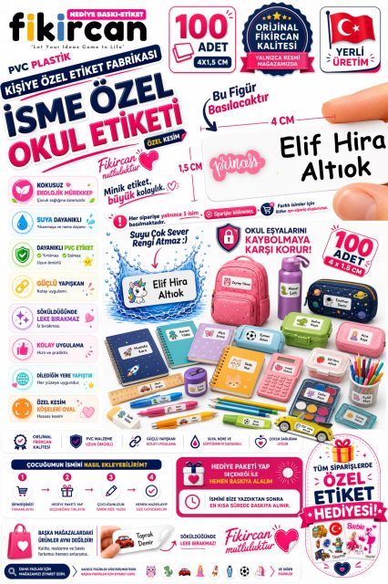 İsme Özel Okul Etiketi - 100 Adet - 1.5 x 4 cm - PVC Etiket - FİGÜR 27