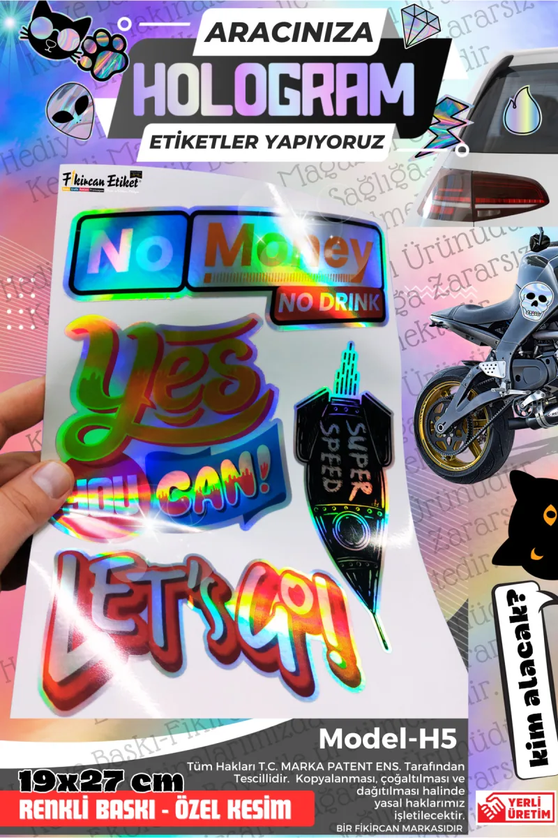 Fikircan-Hologram Etiket- Araba ve Motorsiklet Cam ve Kaporta Uyumlu Renkli Baskı Özel Kesim Sticker