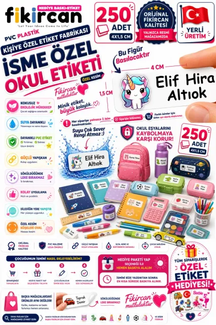 İsme Özel Okul Etiketi - 250 Adet - 1.5 x 4 cm - PVC Etiket - FİGÜR 7