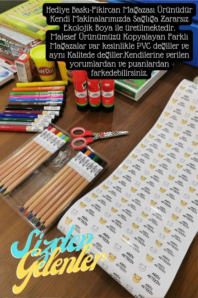 Fikircan İsme Özel Okul Etiket Seti - 300 Adet-Büyük ve Küçük Kokusuz Ekolojik Mürekkep Pvc — fotoğraf 4