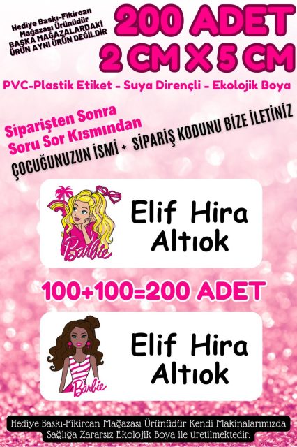 Fikircan -Barbie İsme Özel Okul Etiket Seti - 200 Adet-2X5 CM PVC ETİKET KIZLAR