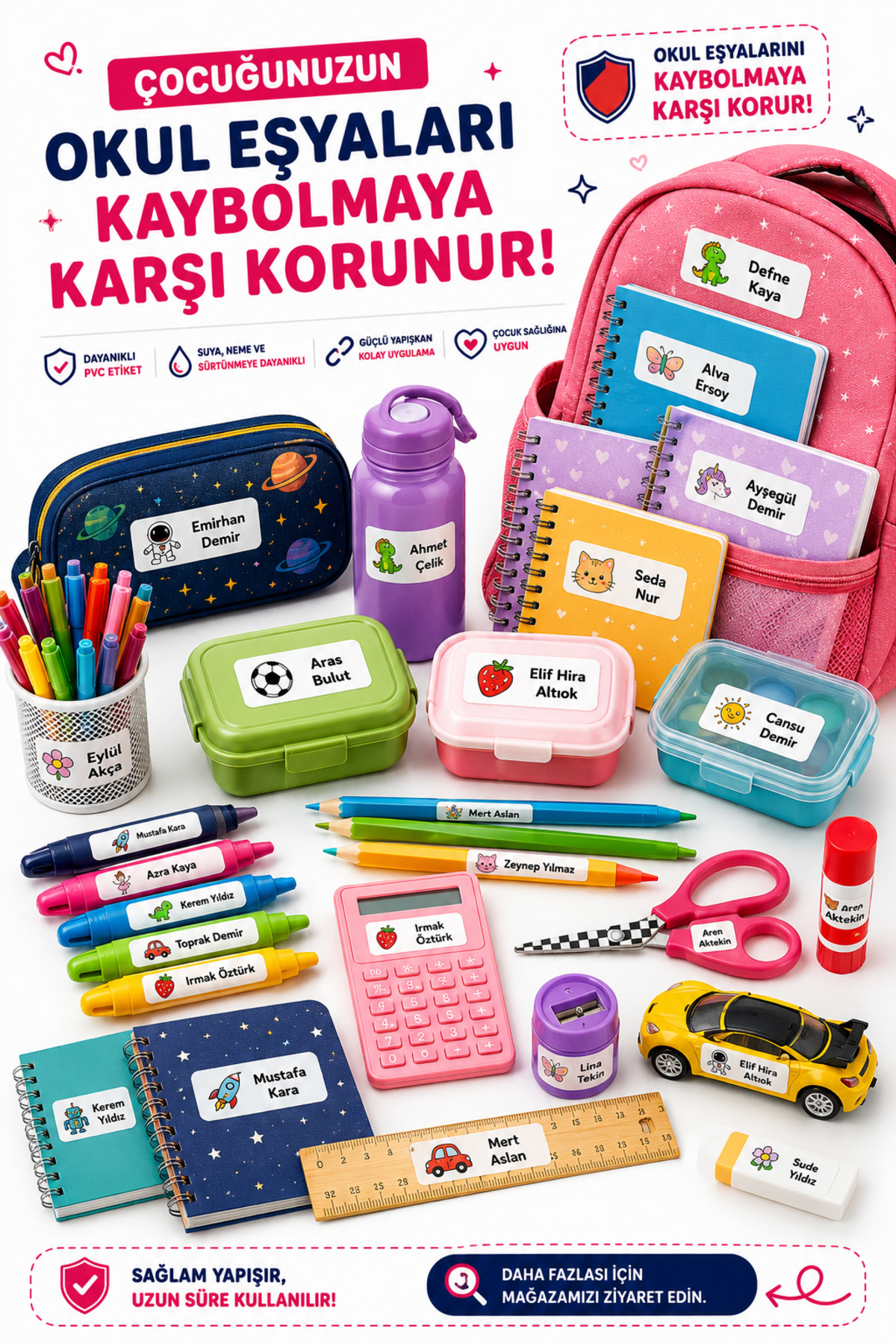 İsme Özel Okul Etiketi - 100 Adet - 5 x 2cm - PVC Etiket - FİGÜR 111 — fotoğraf 3