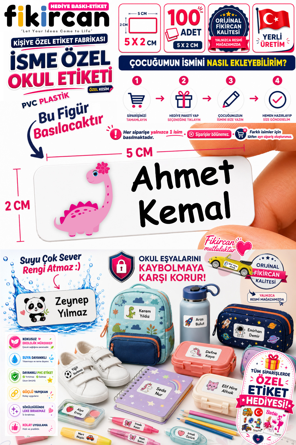 İsme Özel Okul Etiketi - 100 Adet - 5 x 2 cm - PVC Etiket - FİGÜR 71 — fotoğraf 1