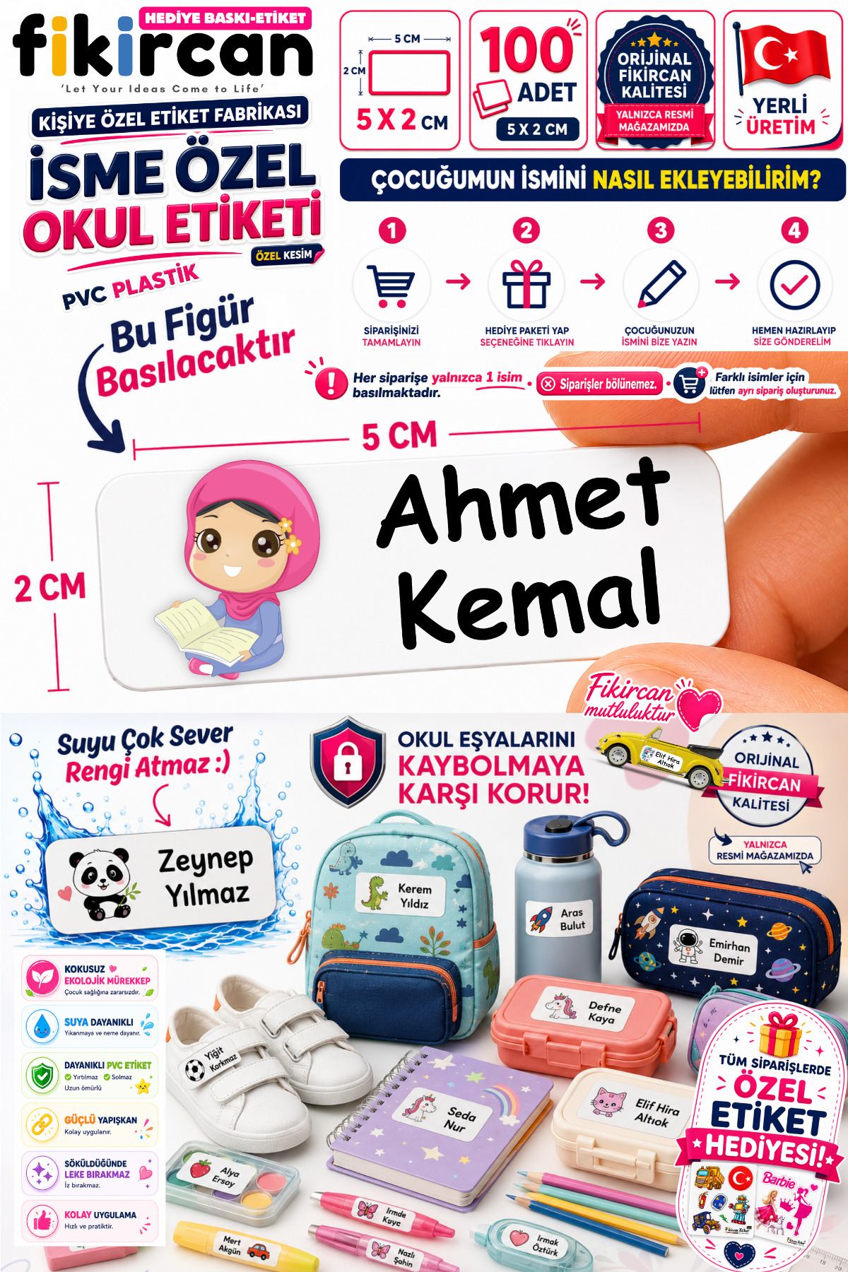 İsme Özel Okul Etiketi - 100 Adet - 5 x 2 cm - PVC Etiket - FİGÜR 138 — fotoğraf 1