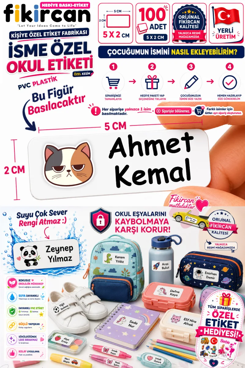 İsme Özel Okul Etiketi - 100 Adet - 5 x 2 cm - PVC Etiket - FİGÜR 4 — fotoğraf 1