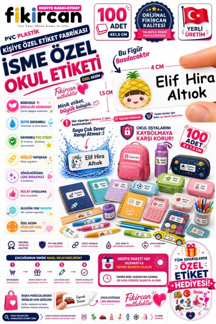 İsme Özel Okul Etiketi - 100 Adet - 1.5 x 4 cm - PVC Etiket - FİGÜR 112