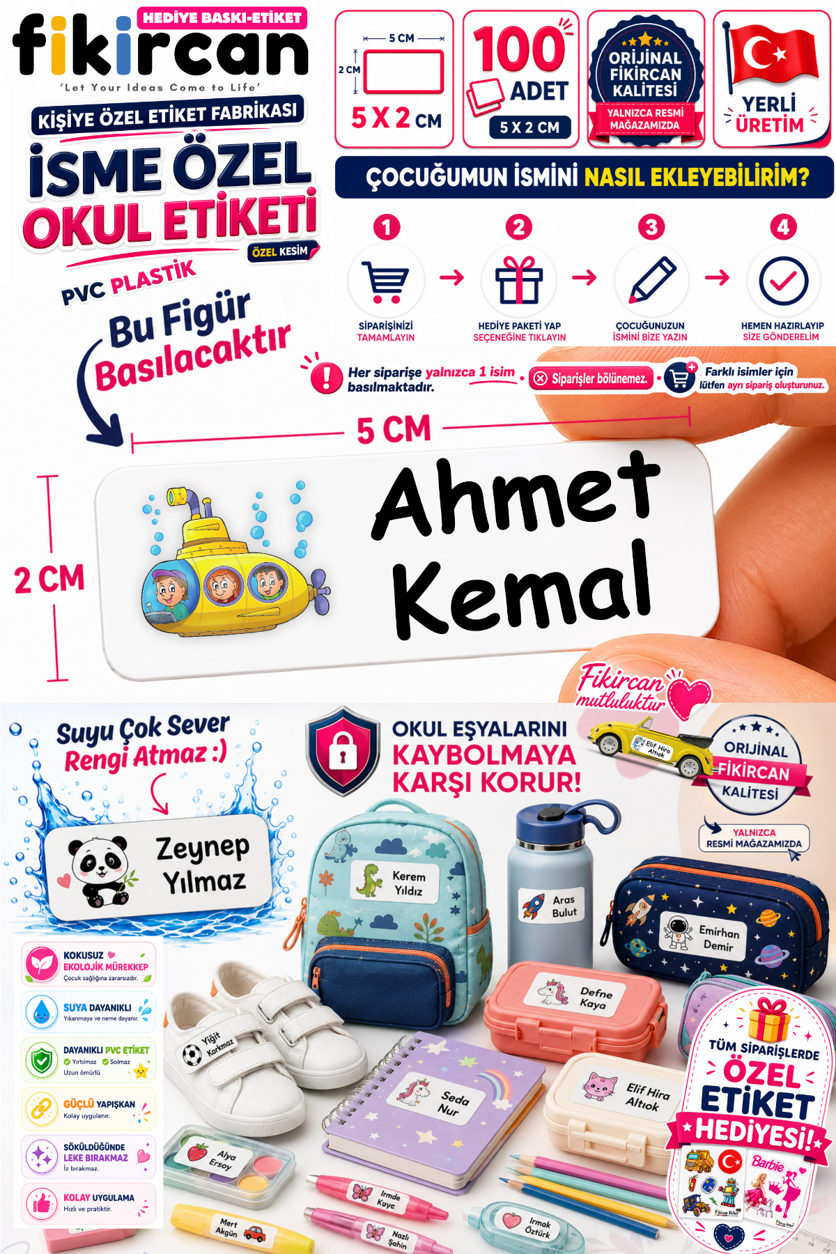 İsme Özel Okul Etiketi - 100 Adet - 5 x 2cm - PVC Etiket - FİGÜR 21