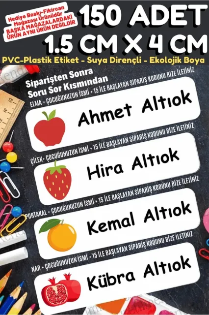 -isme Özel Okul Etiket Seti Meyveler - 150 Adet - Kokusuz Ekolojik Mürekkep Pvc Etiket