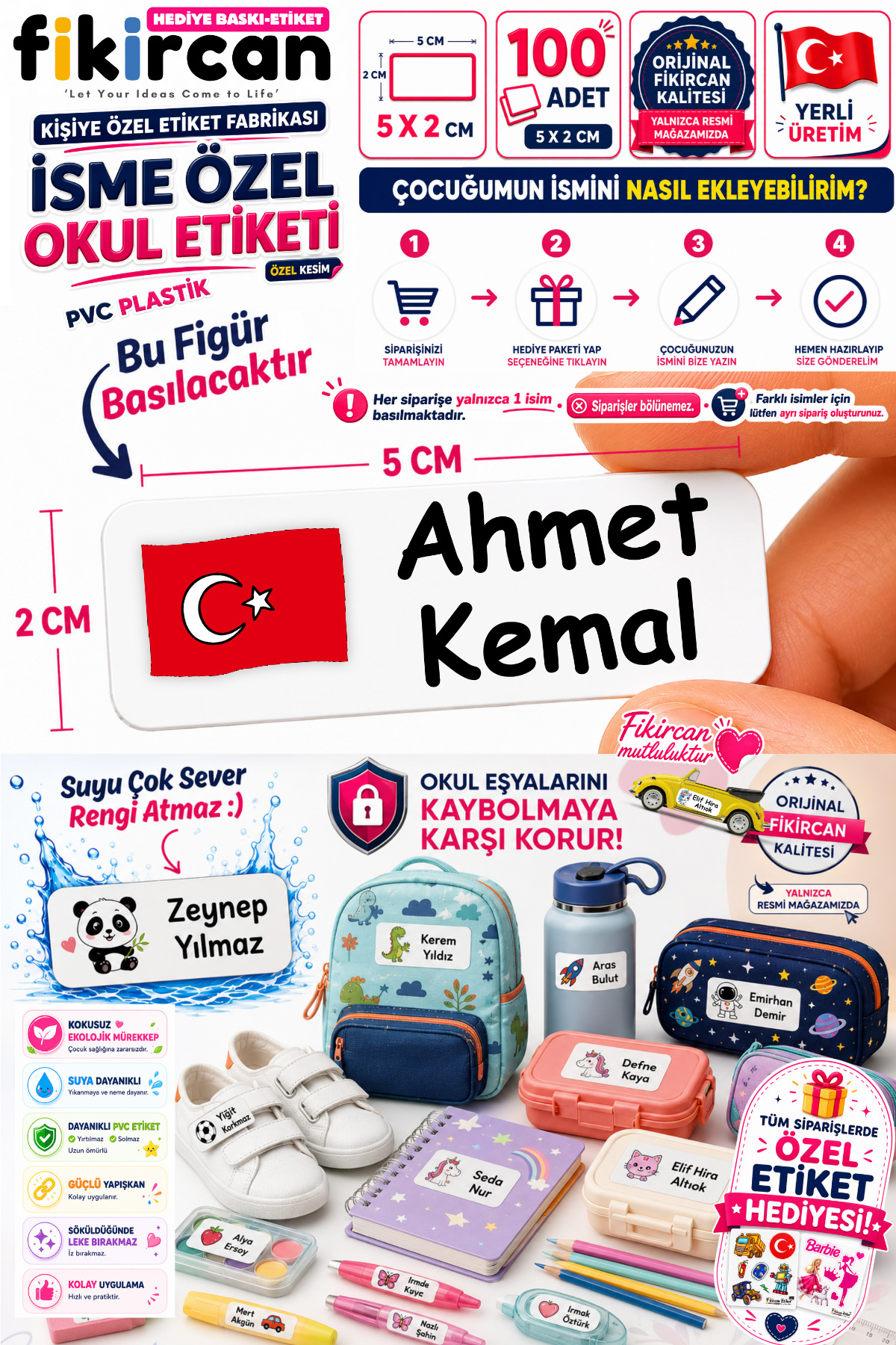 İsme Özel Okul Etiketi - 100 Adet - 5 x 2 cm - PVC Etiket - FİGÜR 136 — fotoğraf 1