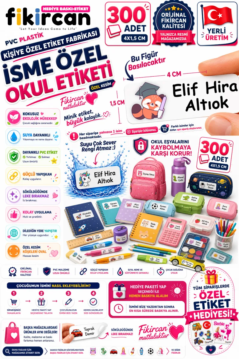 İsme Özel Okul Etiketi - 300 Adet - 1.5 x 4 cm - PVC Etiket - FİGÜR 60 — fotoğraf 1