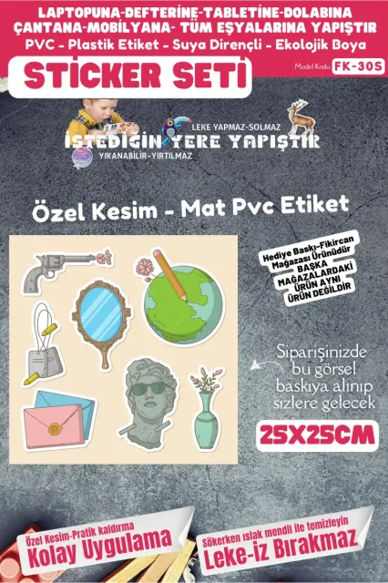 Fikircan Etiket Seti 25x25cm Pvc Sticker -Defter-Laptop-Tablet-Telefon-Dolap-Cam vb Her yere Yapışır