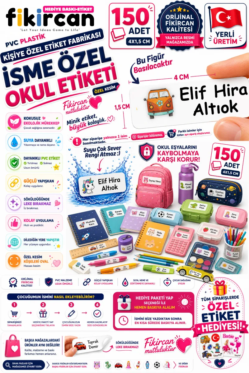 İsme Özel Okul Etiketi - 150 Adet - 1.5 x 4 cm - PVC Etiket - FİGÜR 78 — fotoğraf 1
