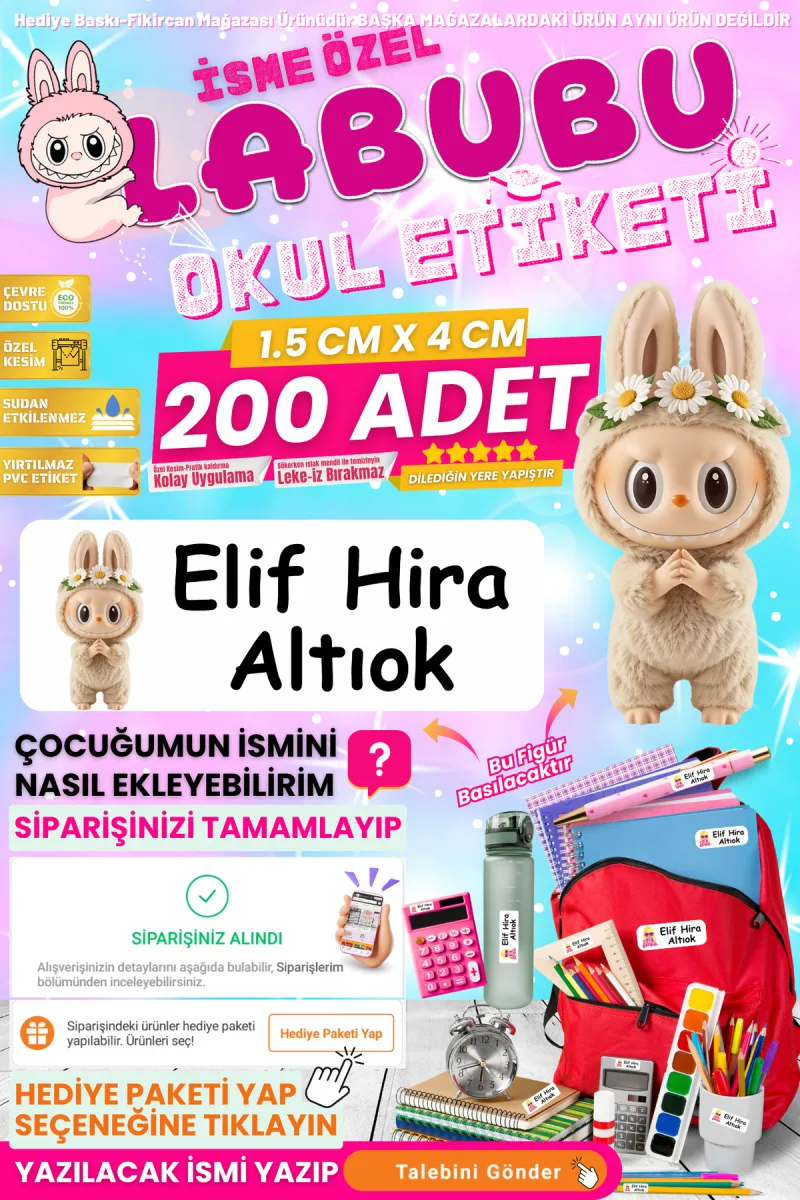 Fikircan-İsme Özel Okul Etiketi-LABUBU MASKOT FİGÜR 200 Adet - Kokusuz Ekolojik Mürekkep PVC ETİKET — fotoğraf 1
