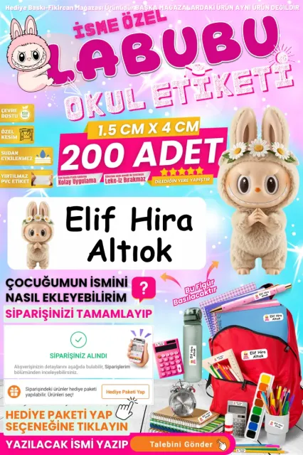 Fikircan-İsme Özel Okul Etiketi-LABUBU MASKOT FİGÜR 200 Adet - Kokusuz Ekolojik Mürekkep PVC ETİKET