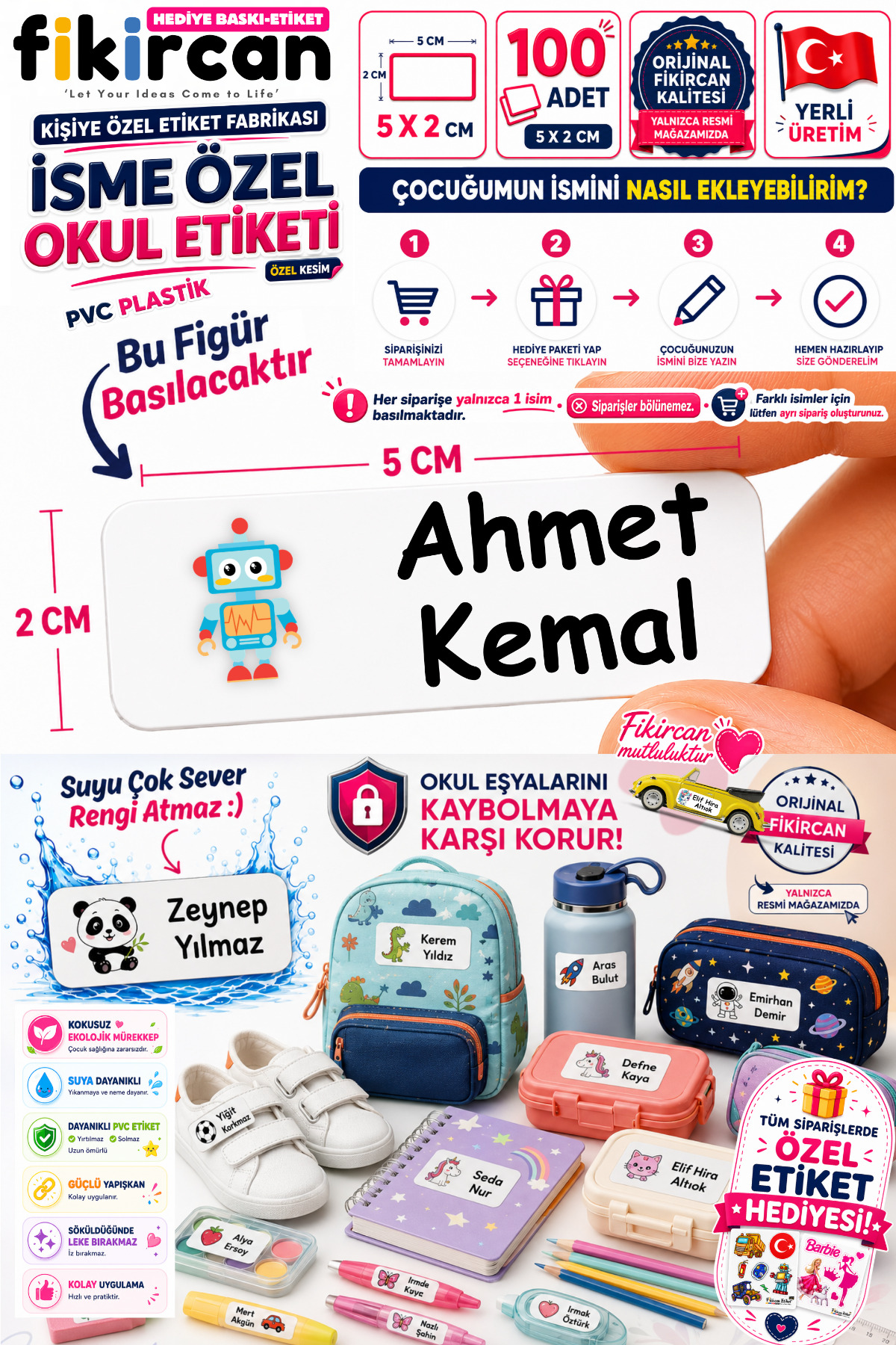 İsme Özel Okul Etiketi - 100 Adet - 5 x 2cm - PVC Etiket - FİGÜR 73 — fotoğraf 1